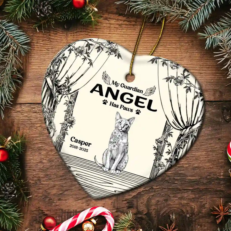 Christmas,Cat Lovers,Cat Mom,Cat Dad,Sad - Chinoiserie Toile Cat Sitting On The Windowsill - Personalized Heart Ceramic Ornament