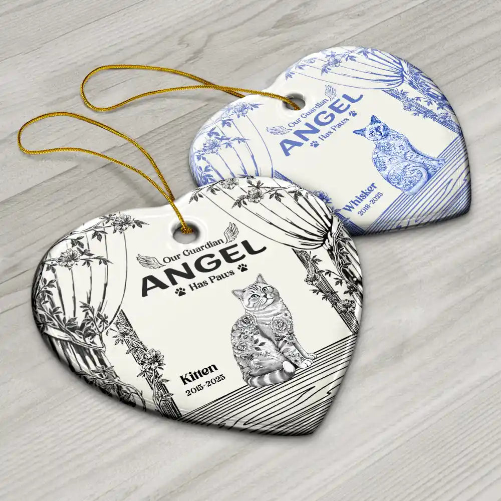 Christmas,Cat Lovers,Cat Mom,Cat Dad,Sad - Chinoiserie Toile Cat Sitting On The Windowsill - Personalized Heart Ceramic Ornament