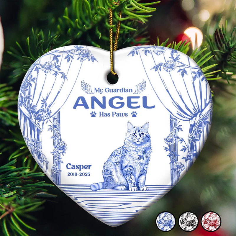 Christmas,Cat Lovers,Cat Mom,Cat Dad,Sad - Chinoiserie Toile Cat Sitting On The Windowsill - Personalized Heart Ceramic Ornament