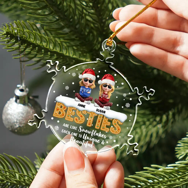 Christmas,Gift For Bestie,Happy - Besties Are Like Snowflakes Shining Together - Personalized Snowflakes Shaped Glass Ornament