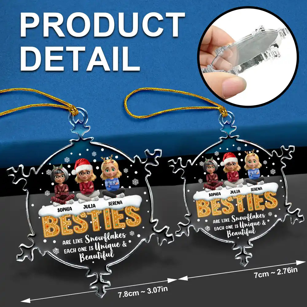 Christmas,Gift For Bestie,Happy - Besties Are Like Snowflakes Shining Together - Personalized Snowflakes Shaped Glass Ornament