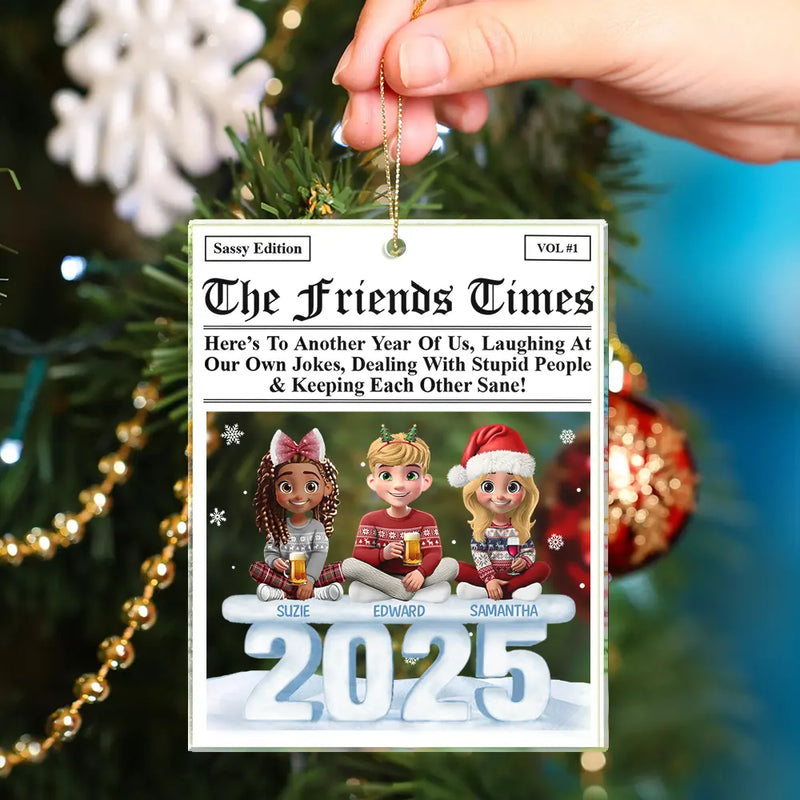Gift For Bestie,Gift For Sisters,Happy,Christmas - 3D Effect Sitting Besties Here's To Another Year Of Us - Personalized Custom Shaped Acrylic Ornament