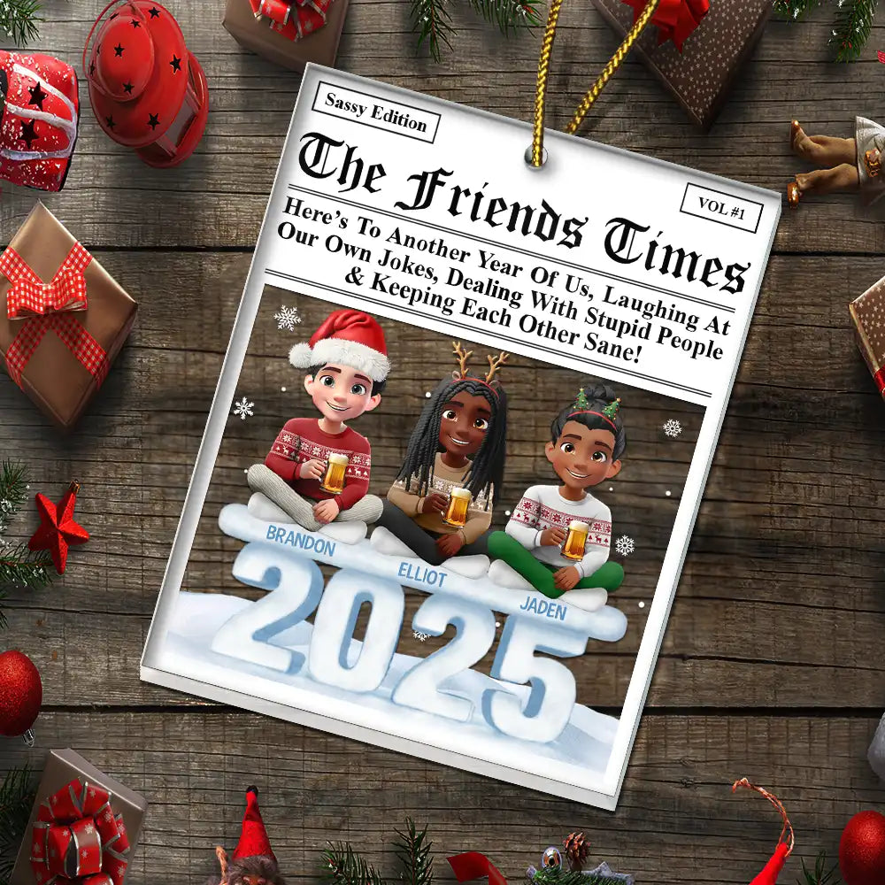Gift For Bestie,Gift For Sisters,Happy,Christmas - 3D Effect Sitting Besties Here's To Another Year Of Us - Personalized Custom Shaped Acrylic Ornament