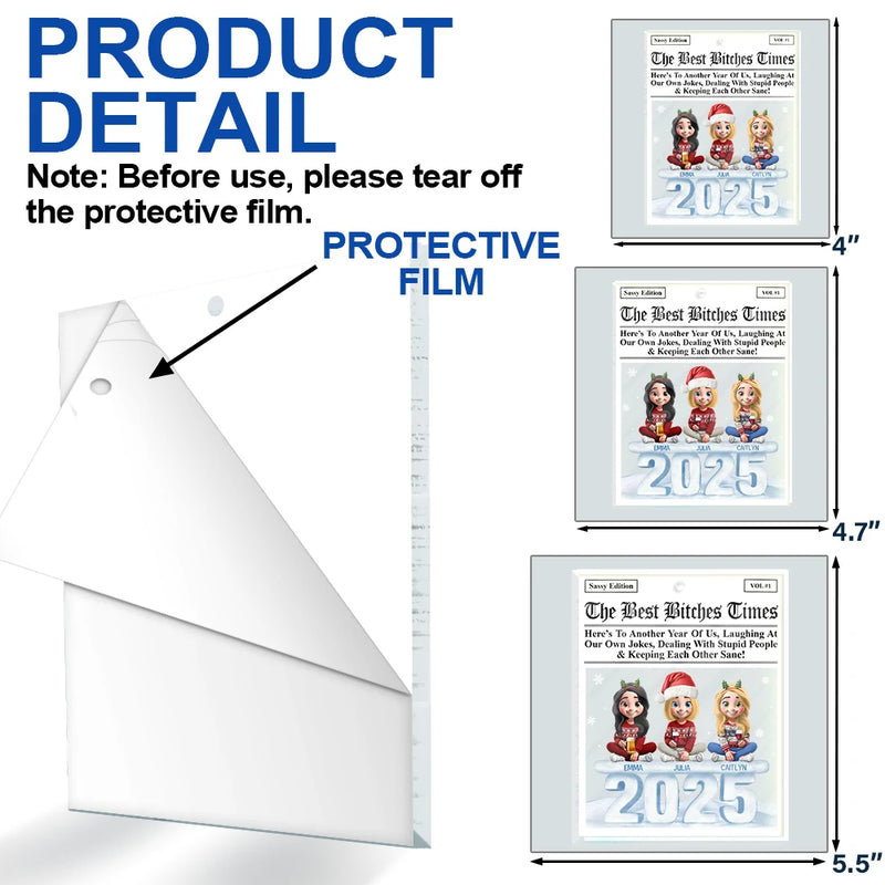 Gift For Bestie,Gift For Sisters,Happy,Christmas - 3D Effect Sitting Besties Here's To Another Year Of Us - Personalized Custom Shaped Acrylic Ornament