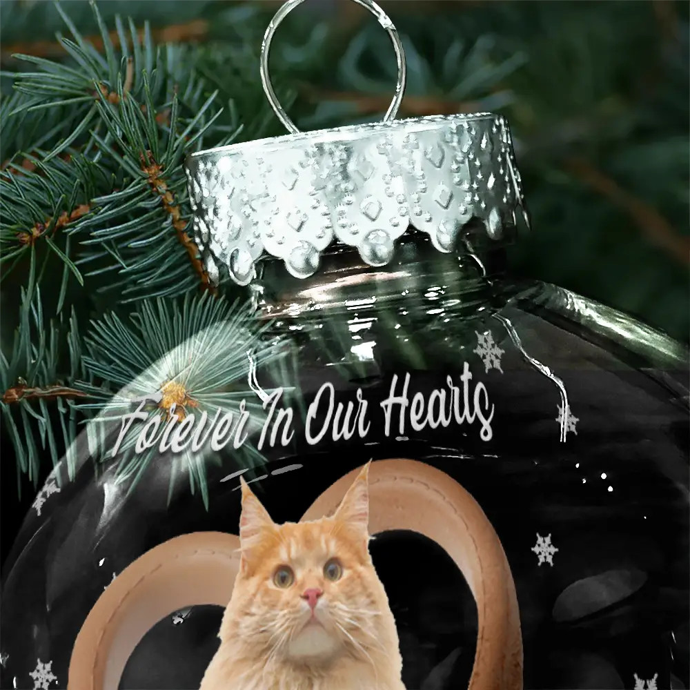 Christmas,Sad,Memorial,Cat Lovers - Custom Photo Heart-Shaped Collar With Fish Charm For Cat Lovers - Personalized Ball Ornament