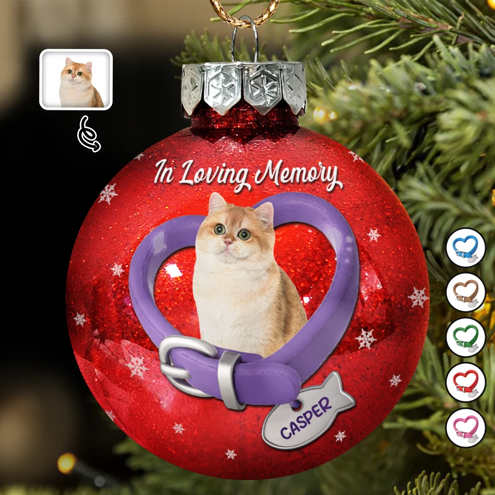 Christmas,Sad,Memorial,Cat Lovers - Custom Photo Heart-Shaped Collar With Fish Charm For Cat Lovers - Personalized Ball Ornament