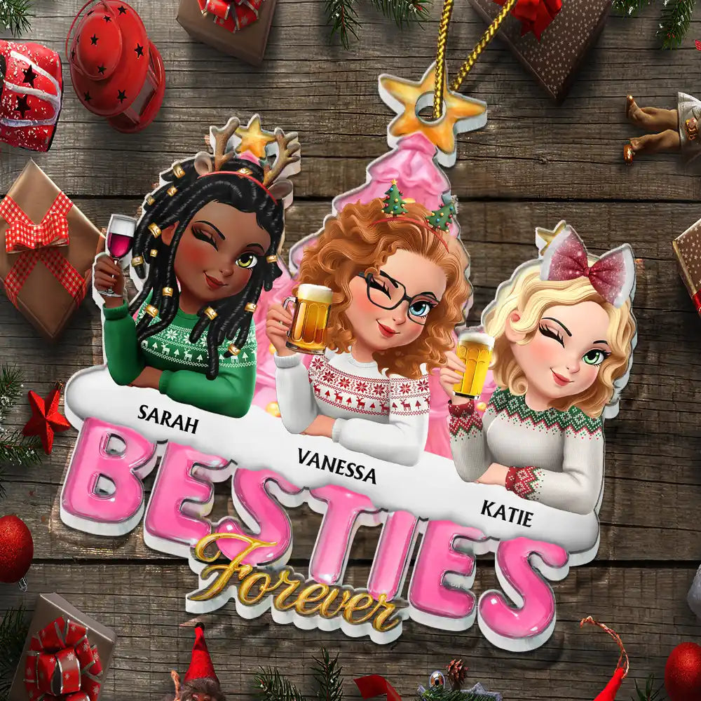 Christmas,Gift For Bestie,Non-Eng,Gift For Sisters - Besties Sisters Forever Christmas Tree Sea Glass Effect - Personalized Custom Shaped Acrylic Ornament