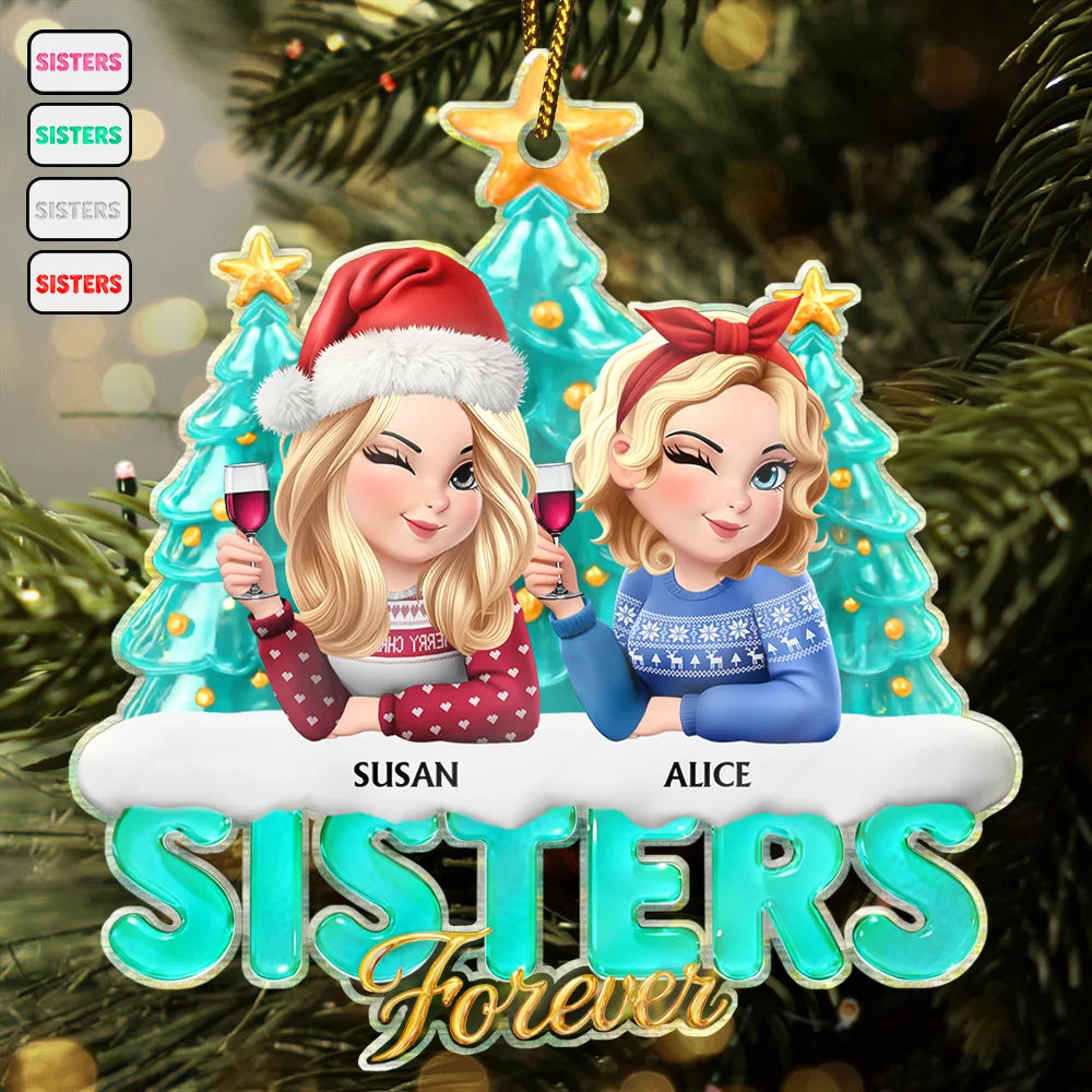 Besties Sisters Forever Christmas Tree Sea Glass Effect - Personalized Custom Shaped Acrylic Ornament