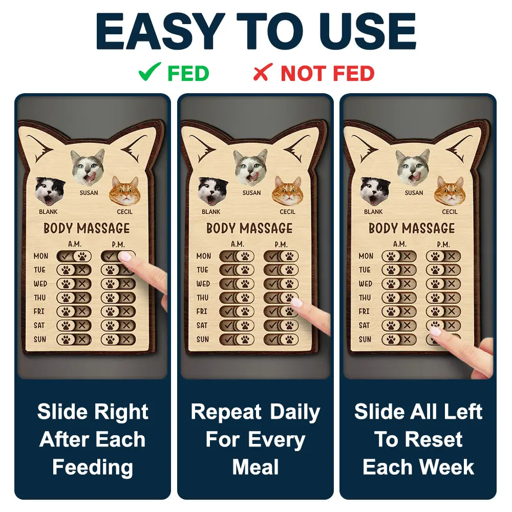 Cat Lovers,Cat Mom,Cat Dad,Cat Couple - Custom Photo Cute Cat Ear Feed Medication Tracker - Personalized Wooden Pet Feeding Reminder