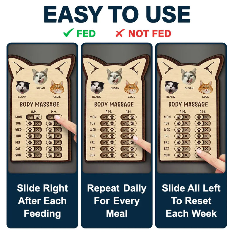 Cat Lovers,Cat Mom,Cat Dad,Cat Couple - Custom Photo Cute Cat Ear Feed Medication Tracker - Personalized Wooden Pet Feeding Reminder