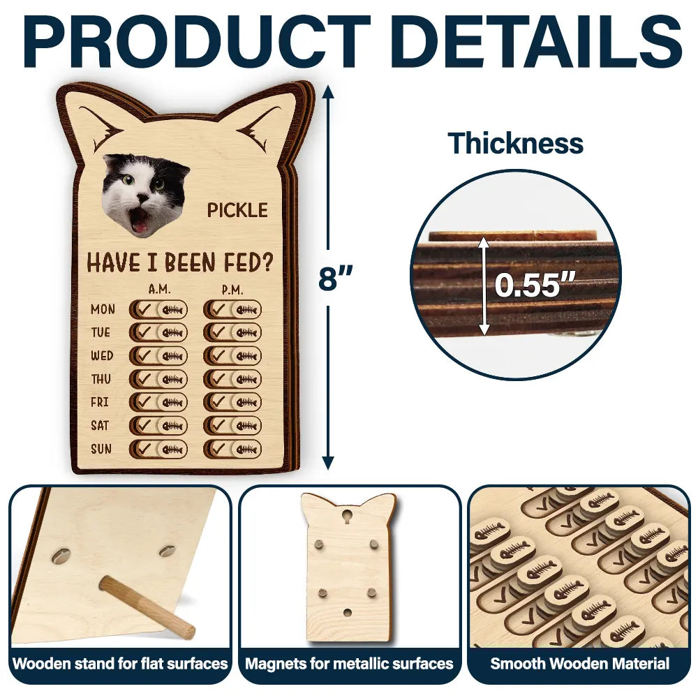Cat Lovers,Cat Mom,Cat Dad,Cat Couple - Custom Photo Cute Cat Ear Feed Medication Tracker - Personalized Wooden Pet Feeding Reminder