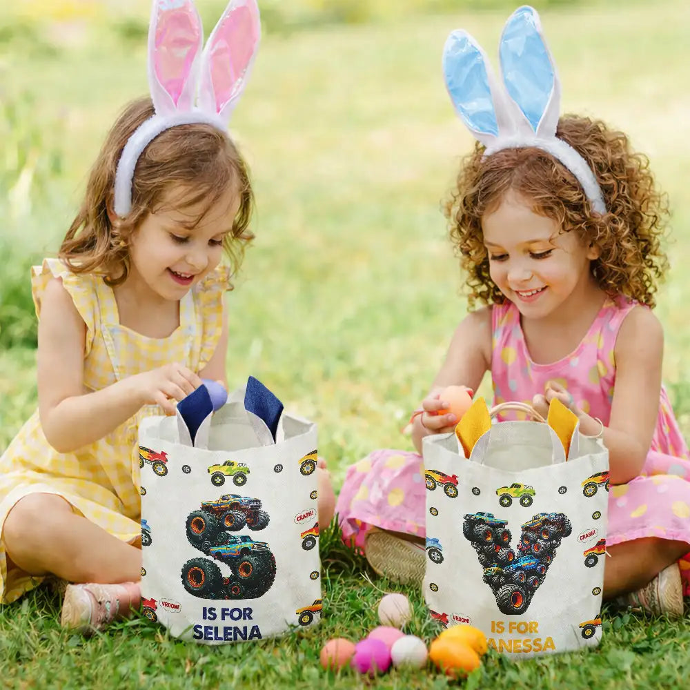Kid Monster Truck Toy Container Monogram Initial - Personalized Bunny Ears Bucket Bag
