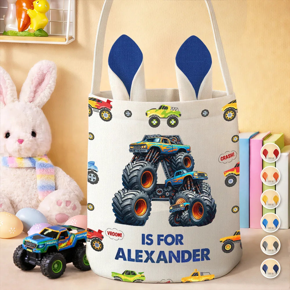 Kid Monster Truck Toy Container Monogram Initial - Personalized Bunny Ears Bucket Bag