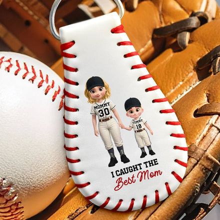 I Caught The Best Mom Best Dad Baseball - Personalized Leather Baseball Keychain