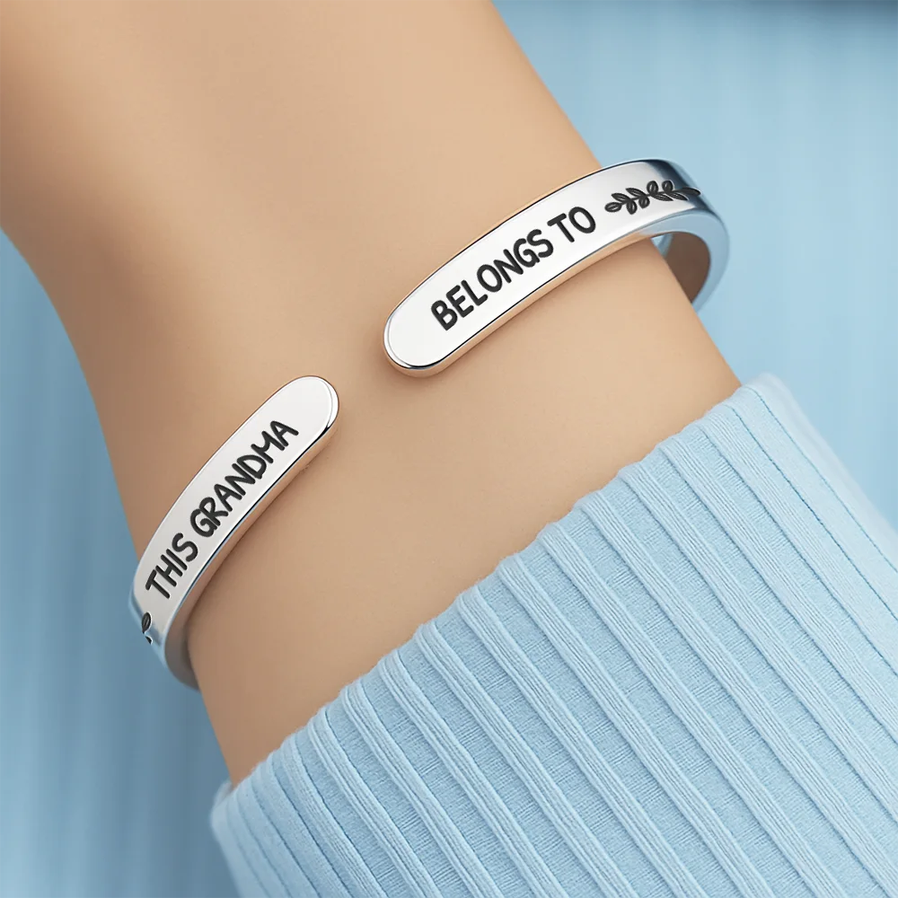 Gift For Mother,Gift For Grandma,Happy,Icon - Multiple Kid Names This Mom Grandma Belongs To - Personalized Bangle Bracelet Cuff