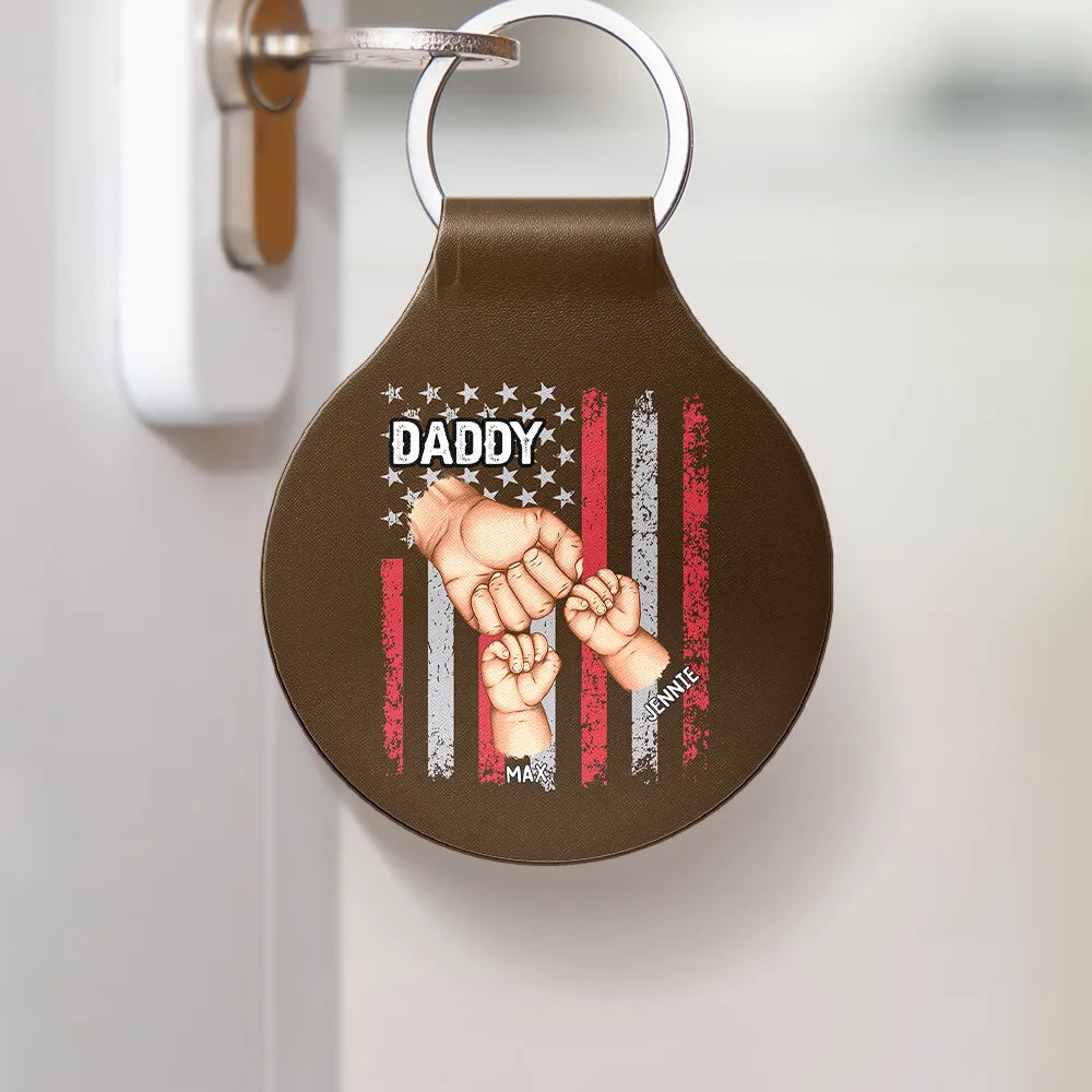 Gift For Father,Gift For Grandpa,Independence Day,Vector,Proud - Stars And Stripes Grandpa Fist Bump With Kids - Personalized Custom Shaped Leather Keychain