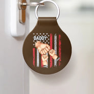 Gift For Father,Gift For Grandpa,Independence Day,Vector,Proud - Stars And Stripes Grandpa Fist Bump With Kids - Personalized Custom Shaped Leather Keychain