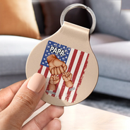 Gift For Father,Gift For Grandpa,Independence Day,Vector,Proud - Stars And Stripes Grandpa Fist Bump With Kids - Personalized Custom Shaped Leather Keychain