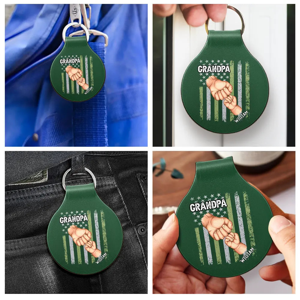 Gift For Father,Gift For Grandpa,Independence Day,Vector,Proud - Stars And Stripes Grandpa Fist Bump With Kids - Personalized Custom Shaped Leather Keychain