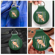 Gift For Father,Gift For Grandpa,Independence Day,Vector,Proud - Stars And Stripes Grandpa Fist Bump With Kids - Personalized Custom Shaped Leather Keychain