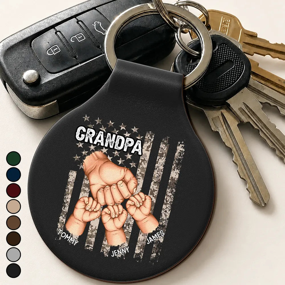 Gift For Father,Gift For Grandpa,Independence Day,Vector,Proud - Stars And Stripes Grandpa Fist Bump With Kids - Personalized Custom Shaped Leather Keychain