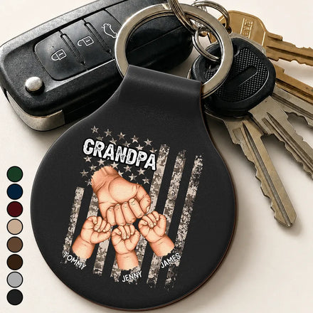 Stars And Stripes Grandpa Fist Bump With Kids - Personalized Custom Shaped Leather Keychain