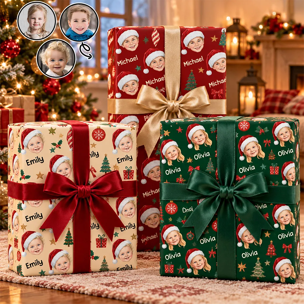 Art Design,Christmas,Custom Photo,Gift For Kids,Happy,Photo - Cut Face Santa Hat,Top Market - Christmas Gift For Kids - Personalized Face With Santa Hat Wrapping Paper