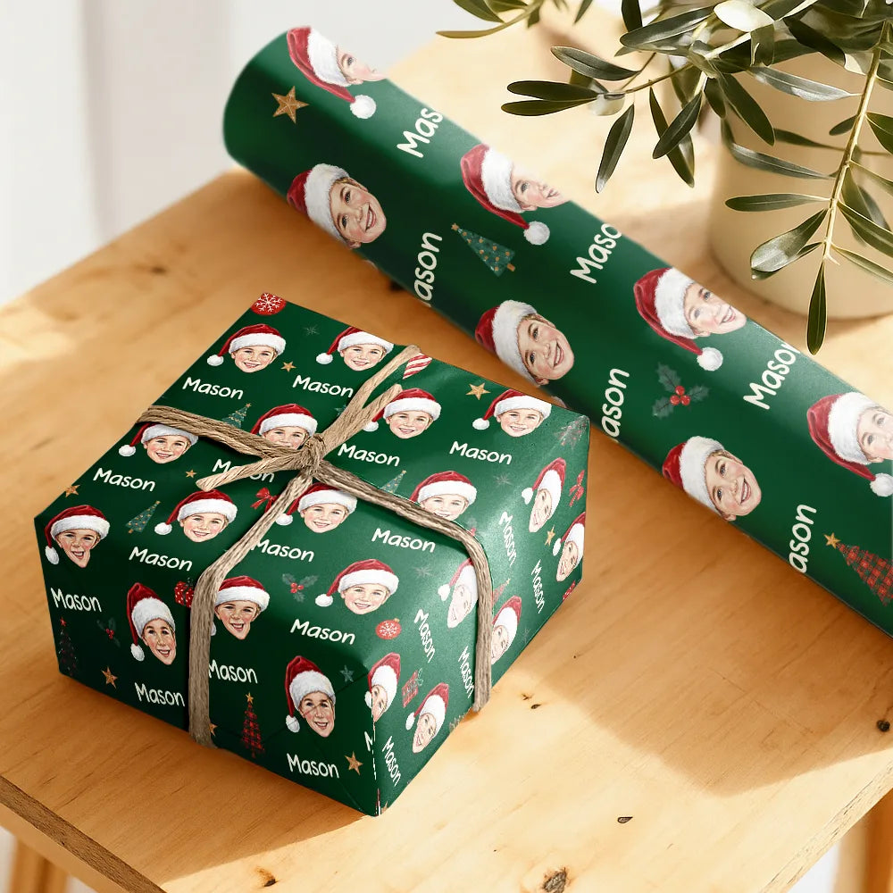 Art Design,Christmas,Custom Photo,Gift For Kids,Happy,Photo - Cut Face Santa Hat,Top Market - Christmas Gift For Kids - Personalized Face With Santa Hat Wrapping Paper