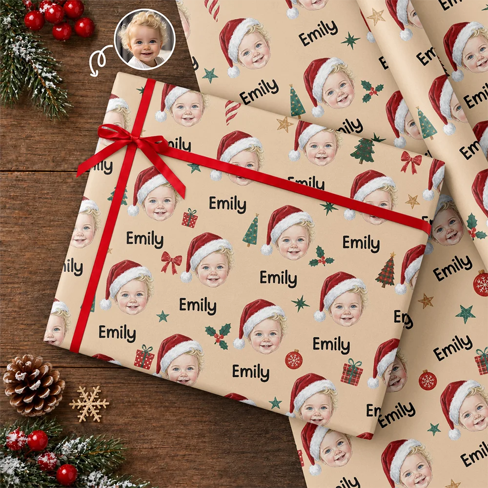 Art Design,Christmas,Custom Photo,Gift For Kids,Happy,Photo - Cut Face Santa Hat,Top Market - Christmas Gift For Kids - Personalized Face With Santa Hat Wrapping Paper