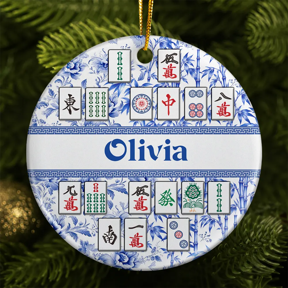 Christmas,Confident,Custom Text,Gift For Women,Gift For Yourself,Gifts For Her - Mahjong Player Christmas Gift - Personalized Floral Mahjong Tiles Name Ceramic Ornament
