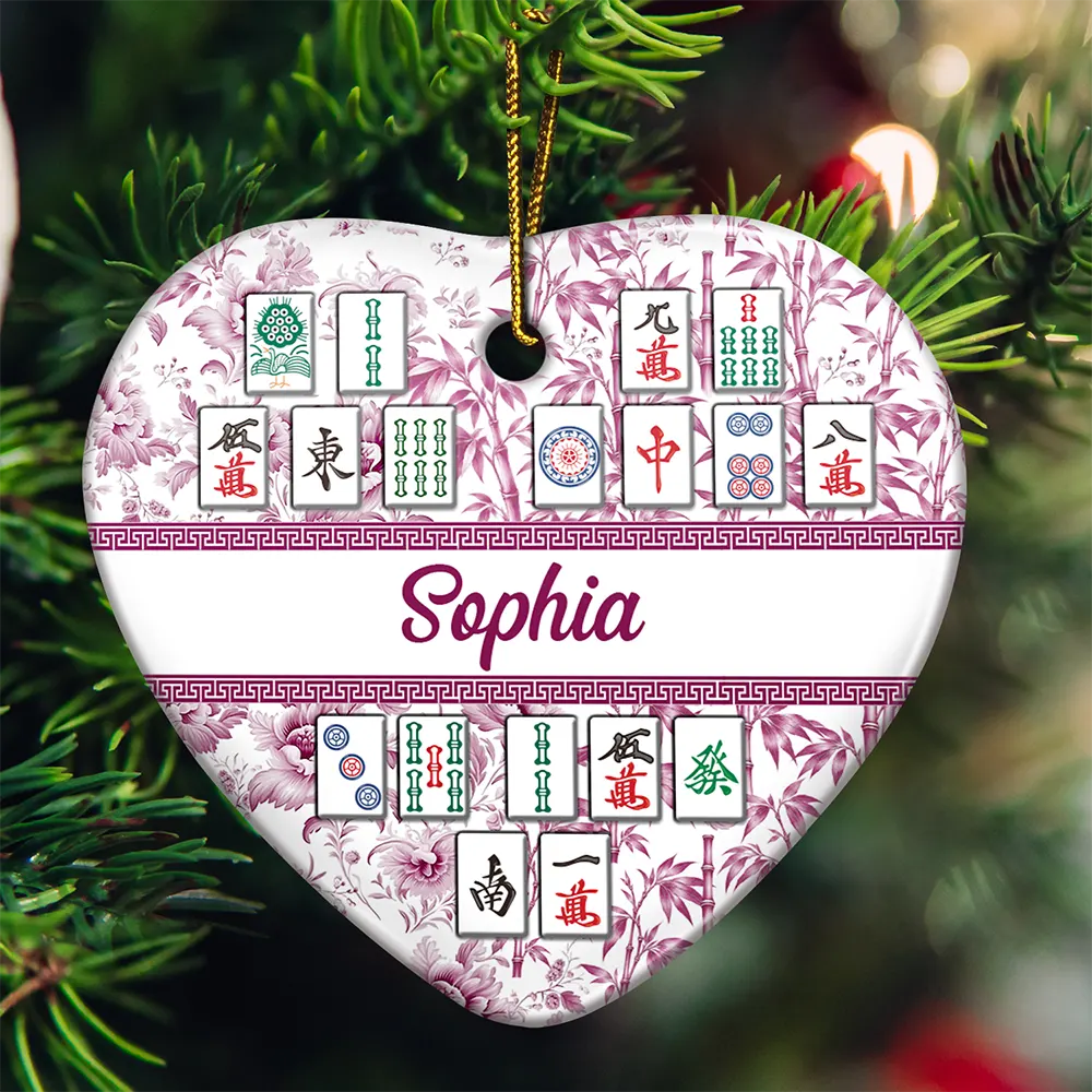Christmas,Confident,Custom Text,Gift For Women,Gift For Yourself,Gifts For Her - Mahjong Player Christmas Gift - Personalized Floral Mahjong Tiles Name Ceramic Ornament