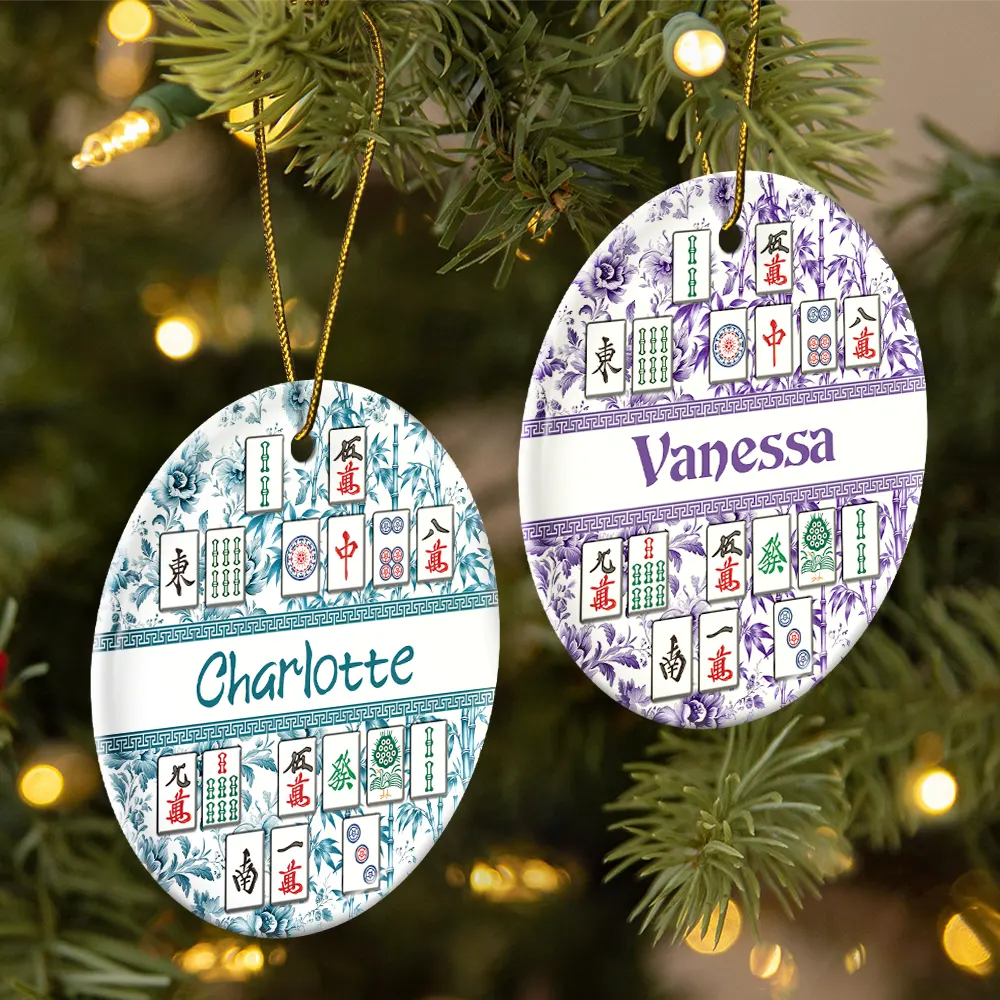 Christmas,Confident,Custom Text,Gift For Women,Gift For Yourself,Gifts For Her - Mahjong Player Christmas Gift - Personalized Floral Mahjong Tiles Name Ceramic Ornament