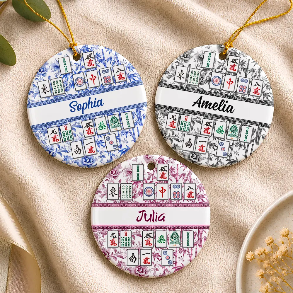 Christmas,Confident,Custom Text,Gift For Women,Gift For Yourself,Gifts For Her - Mahjong Player Christmas Gift - Personalized Floral Mahjong Tiles Name Ceramic Ornament