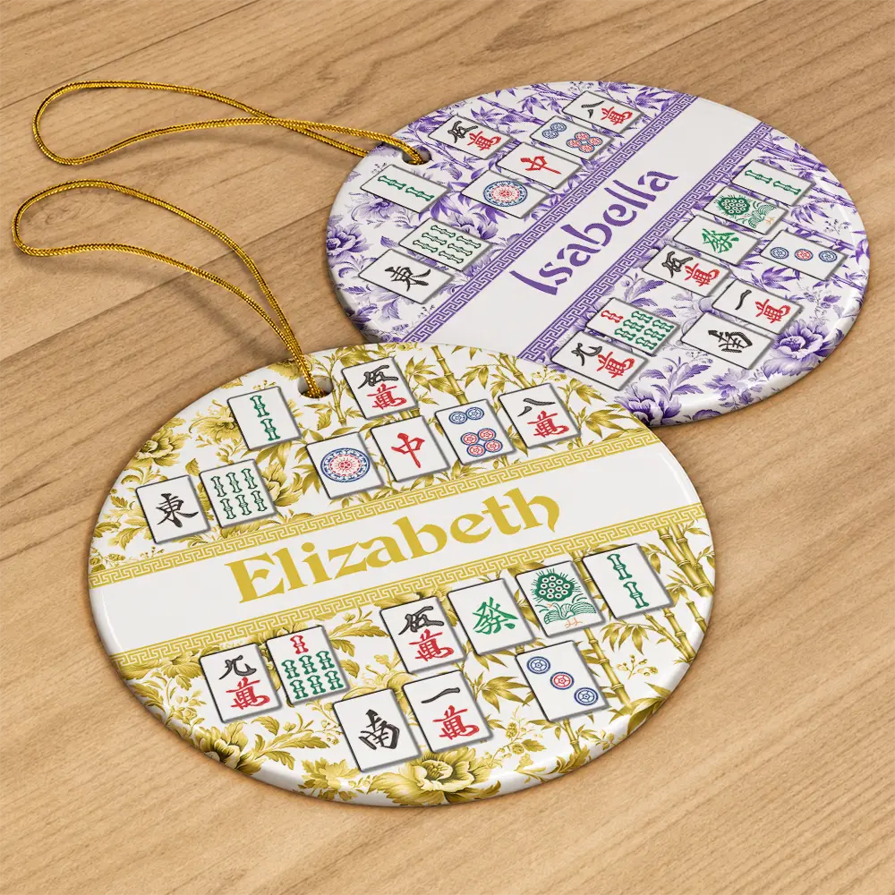 Christmas,Confident,Custom Text,Gift For Women,Gift For Yourself,Gifts For Her - Mahjong Player Christmas Gift - Personalized Floral Mahjong Tiles Name Ceramic Ornament