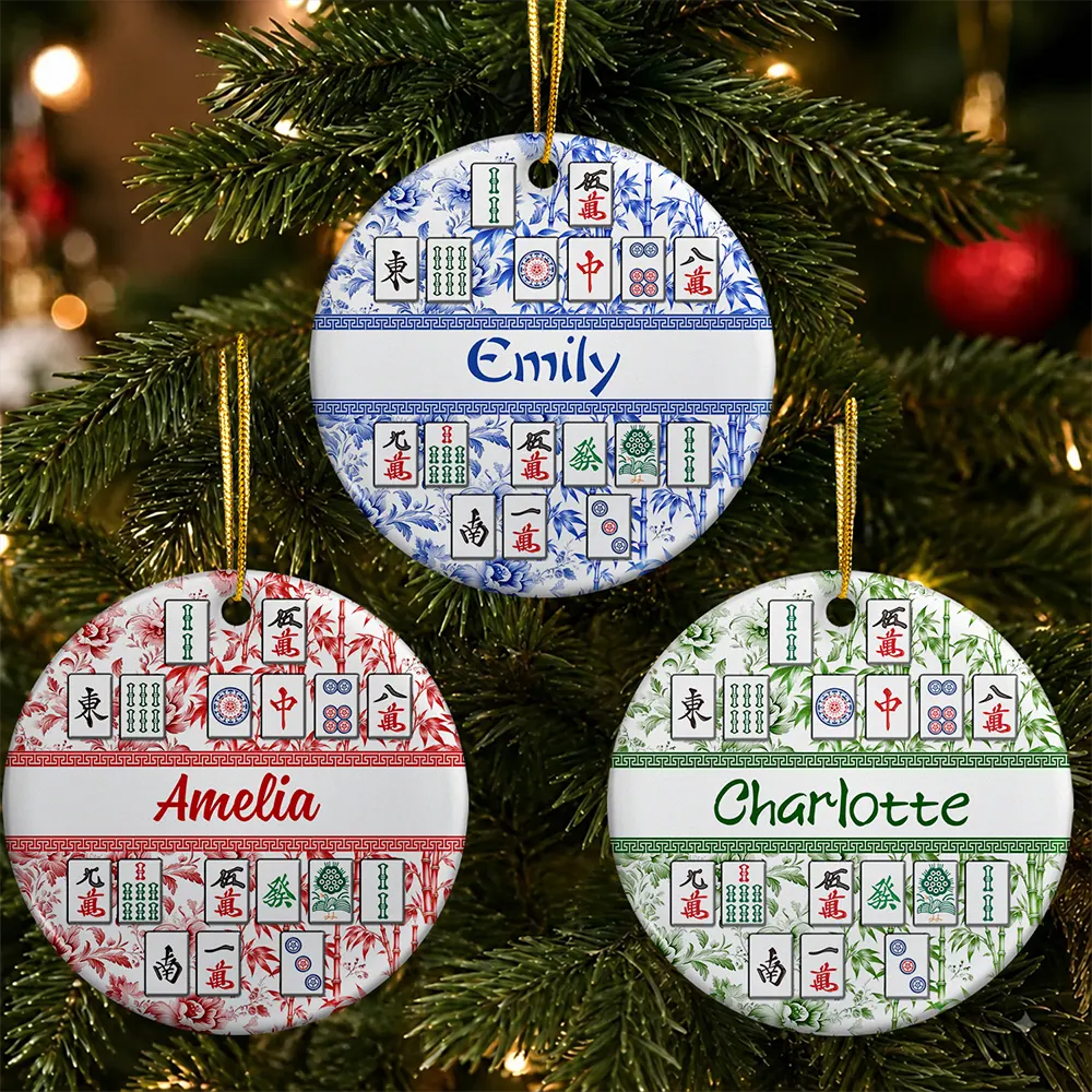 Christmas,Confident,Custom Text,Gift For Women,Gift For Yourself,Gifts For Her - Mahjong Player Christmas Gift - Personalized Floral Mahjong Tiles Name Ceramic Ornament