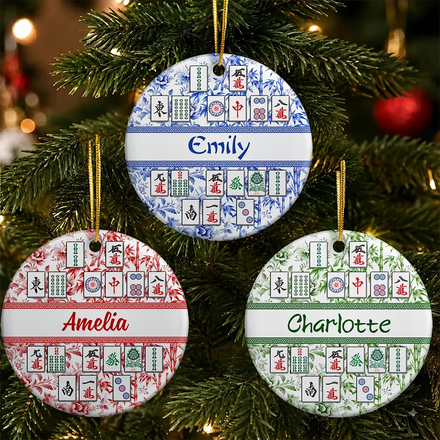 Mahjong Player Christmas Gift - Personalized Floral Mahjong Tiles Name Ceramic Ornament