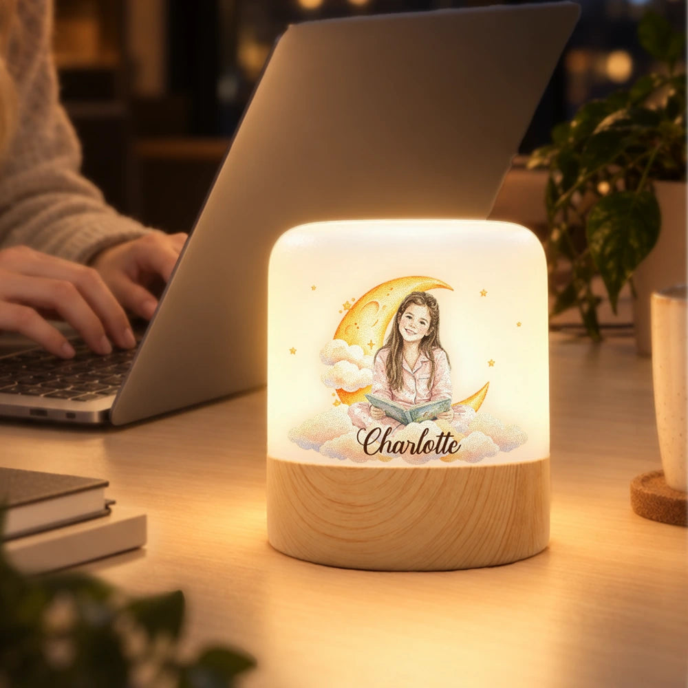 Adorable,Art Design,Custom Photo,Gift For Kids,Photo - Watercolor - Remove BG,Top Market - Birthday Gift For Kids - Personalized Custom Photo Watercolor Kid Portrait Moon And Stars Touch Night Light
