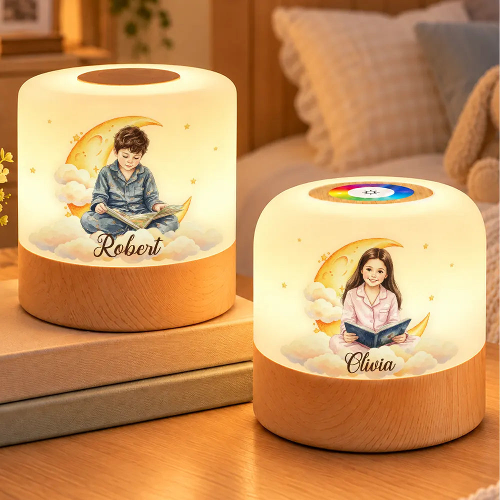 Adorable,Art Design,Custom Photo,Gift For Kids,Photo - Watercolor - Remove BG,Top Market - Birthday Gift For Kids - Personalized Custom Photo Watercolor Kid Portrait Moon And Stars Touch Night Light