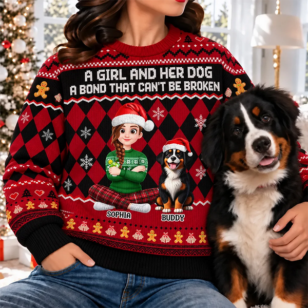 Christmas,Dog Mom,Gift For Mother,Gifts For Her,Happy,Pet Lovers,Vector - Christmas Gift For Dog Mom - Personalized A Girl And Her Dog Unisex Ugly Sweater