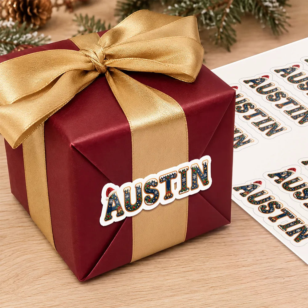 Adorable, Christmas, Gift For Kids, Icon - Christmas Gift Labels For Kids And Family - Personalized Name Santa Hat Letter Sticker
