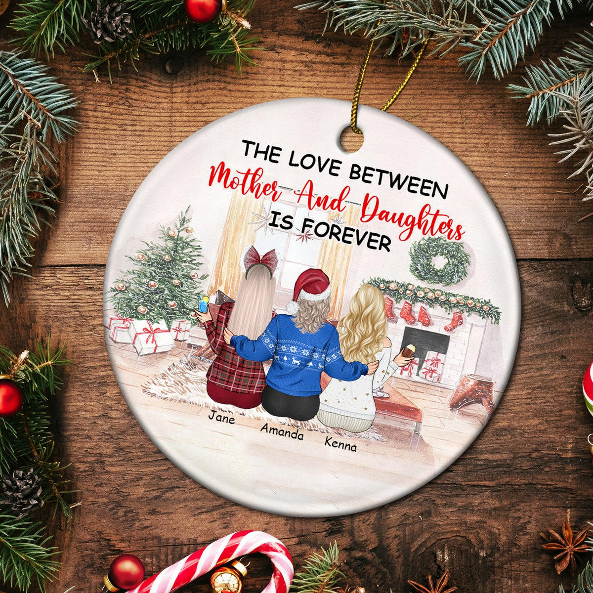 Christmas The Love Between Mother & Daughters - Gift For Mother - Personalized Circle Ceramic Ornament