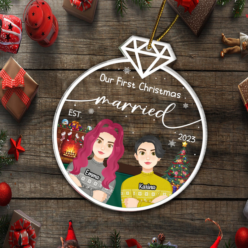 Our First Christmas Engaged Married - Gift For Couples - Personalized Custom Shaped Acrylic Ornament