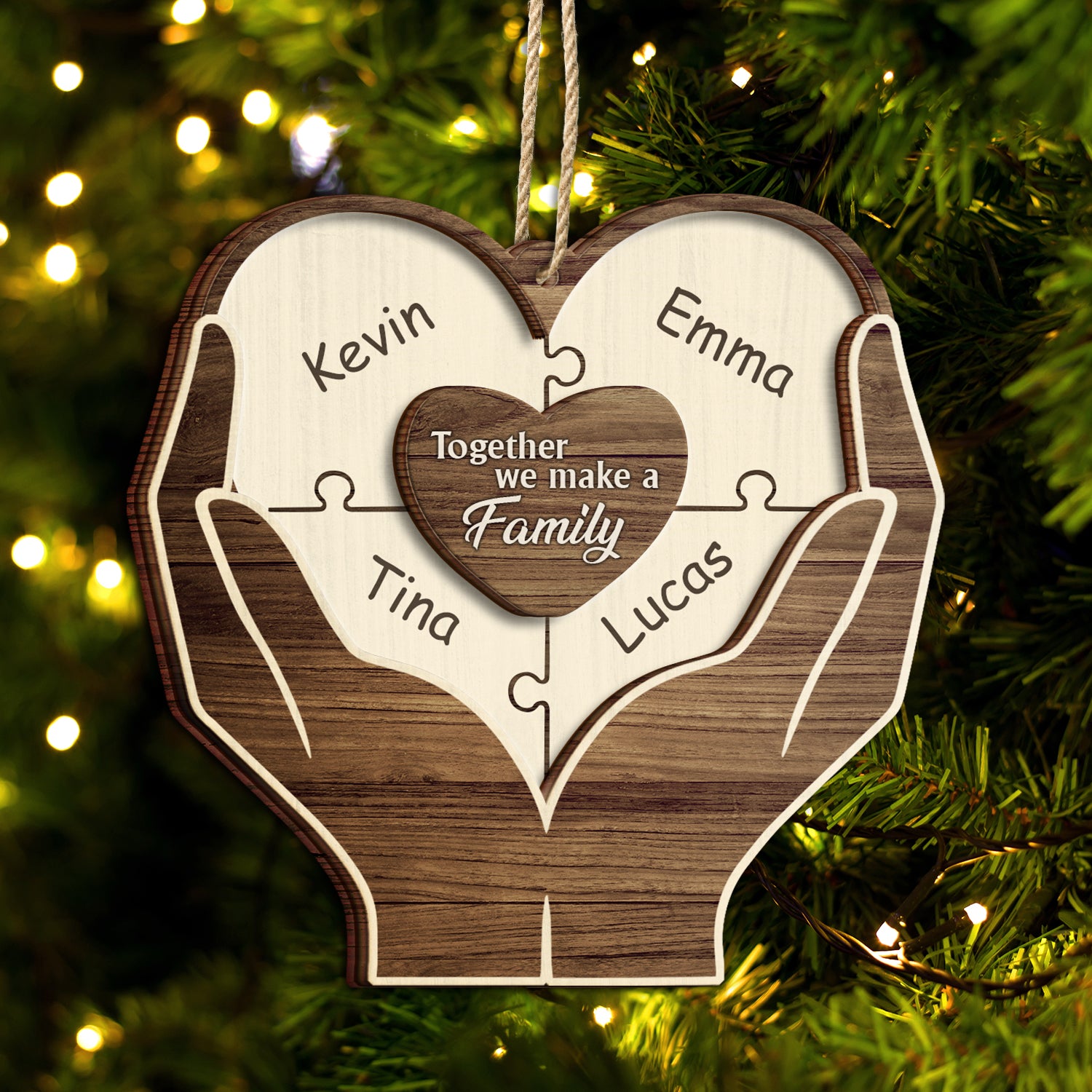 Christmas Hands Puzzle Together We Make A Family - Gift For Family - Personalized 2-Layered Wooden Ornament