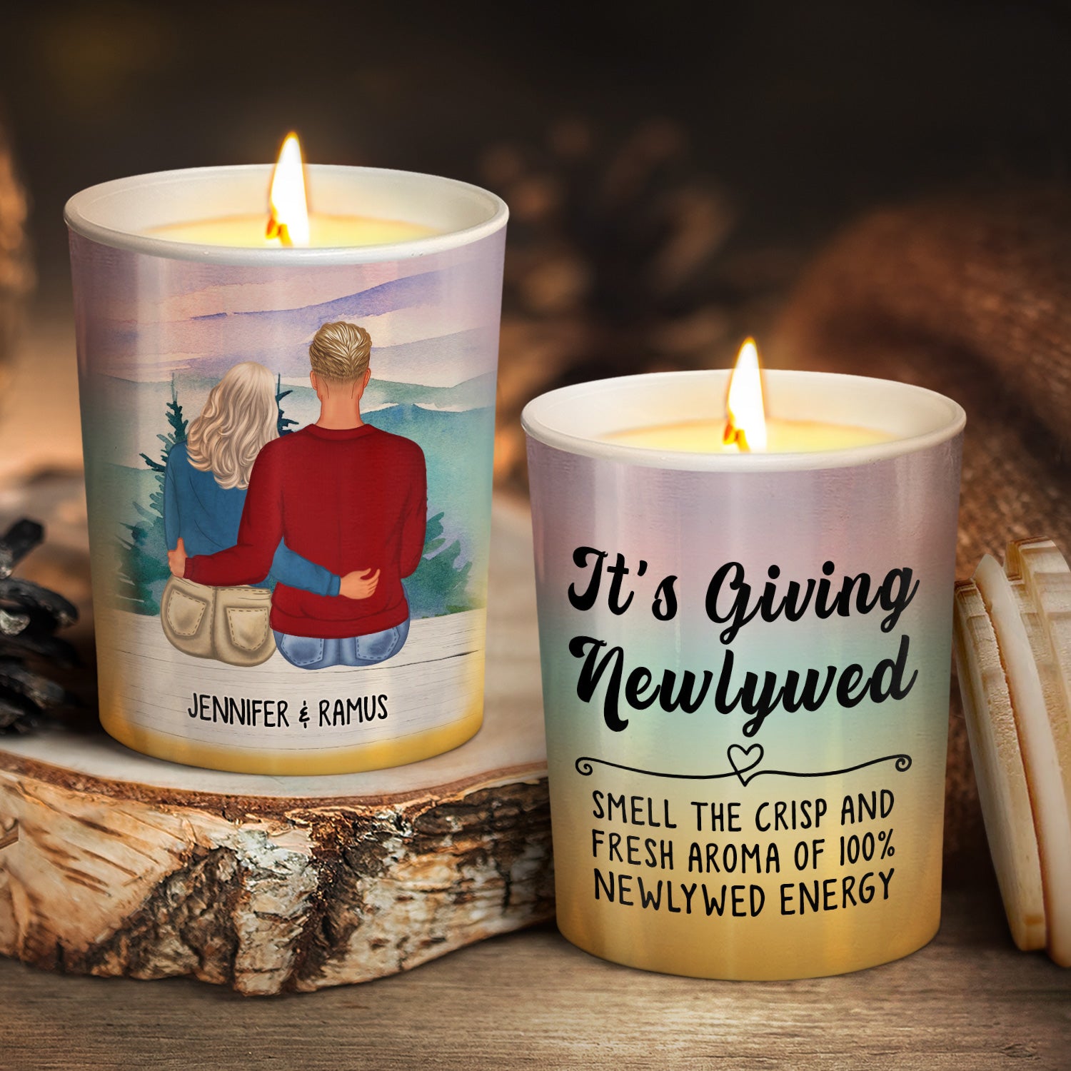 Giving Newlywed - Gift For Couples - Personalized Scented Candle With Wooden Lid