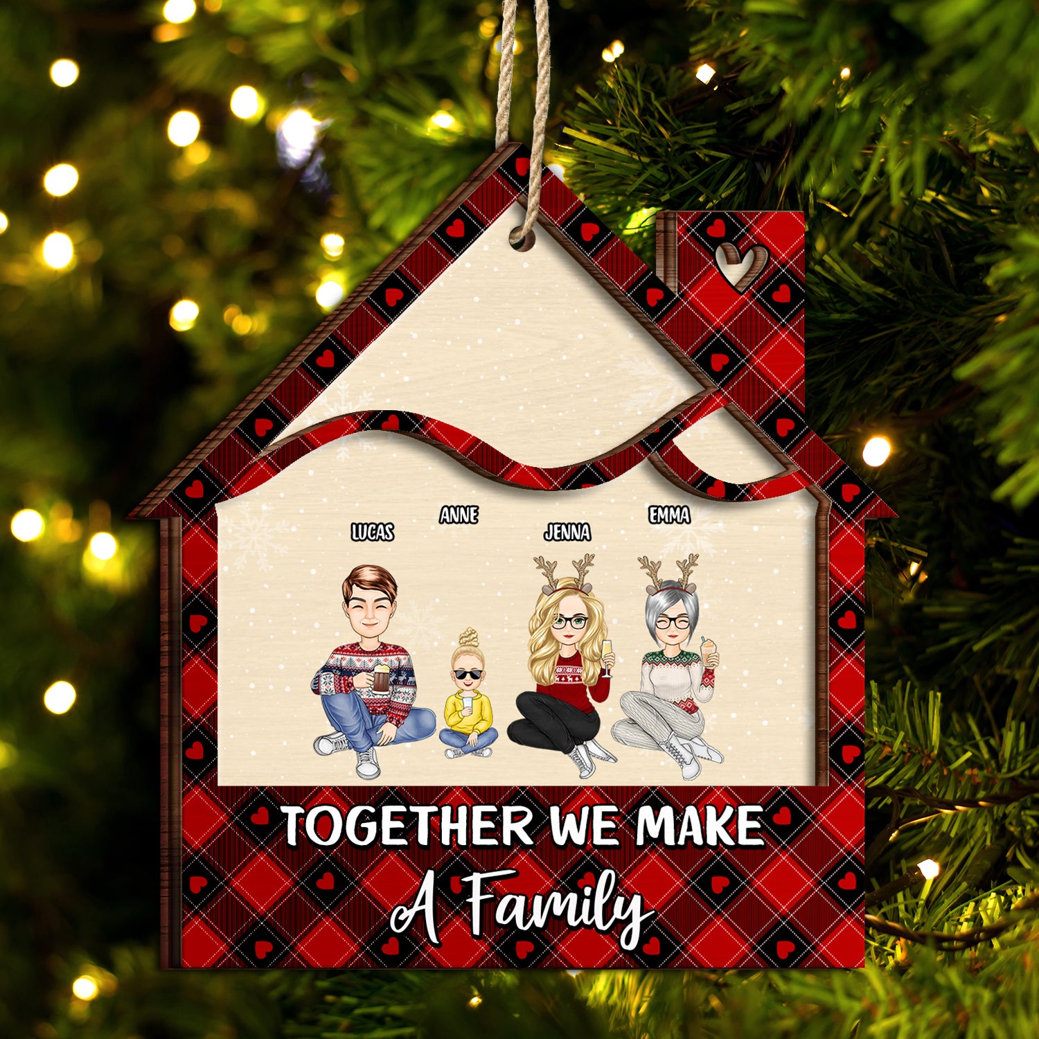 Christmas Cartoon Together We Make A Family - Gift For Family - Personalized 2-Layered Wooden Ornament
