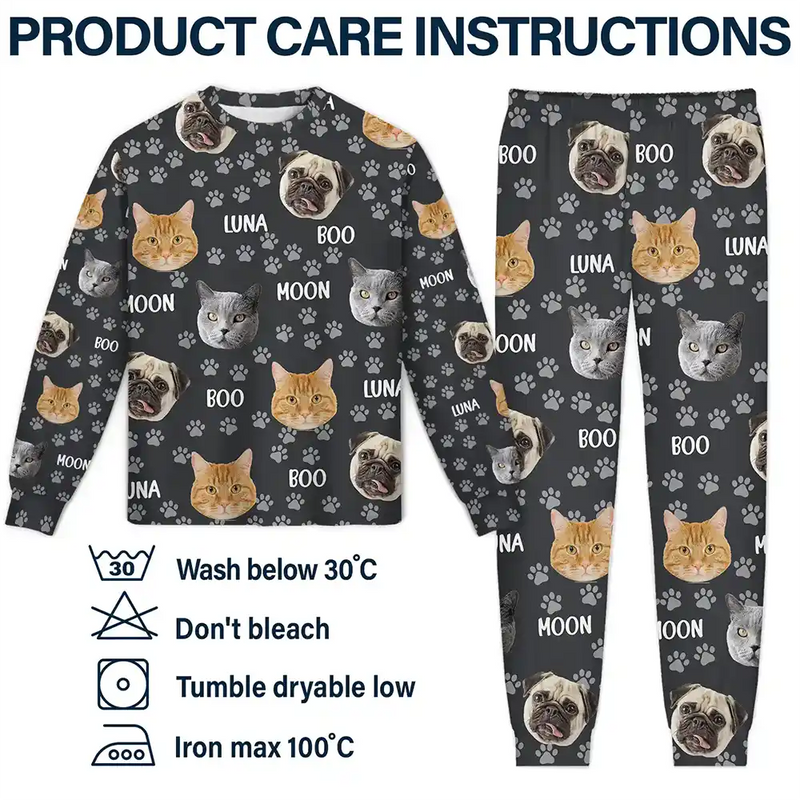 Cat Lovers,Pet Lovers,Dog Lovers,Dog Mom,Dog Dad,Cat Mom,Cat Dad,Happ - Custom Photo Funny Pet Face Pattern Dog Cat Family - Personalized Unisex Pajamas Set