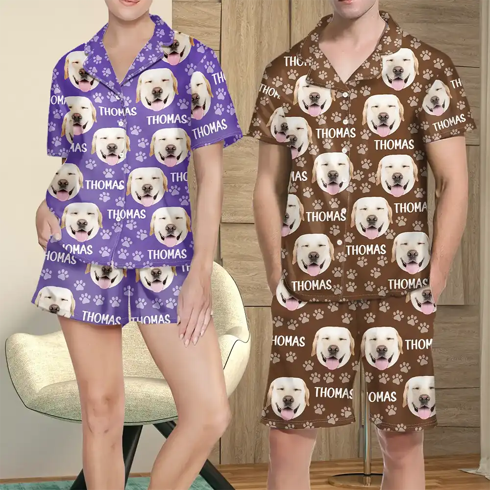 Custom Photo Funny Pet Face Pattern Dog Cat Family - Personalized Short Pajamas Set
