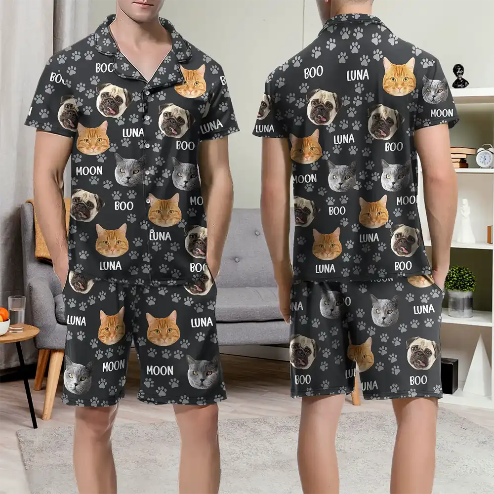 Custom Photo Funny Pet Face Pattern Dog Cat Family - Personalized Short Pajamas Set