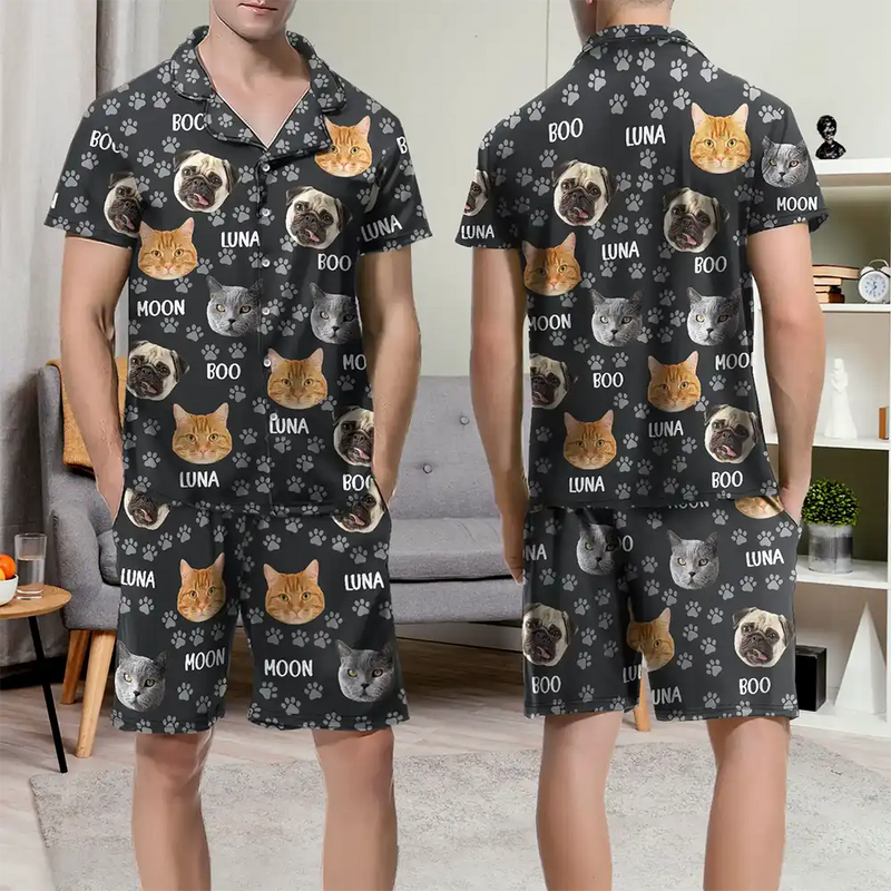 Custom Photo Funny Pet Face Pattern Dog Cat Family - Personalized Short Pajamas Set
