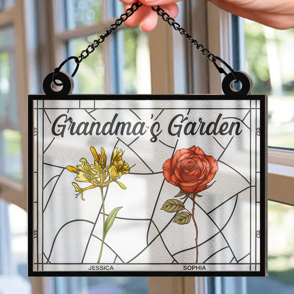 Gift For Grandma, Grandma - Grandkids, Happy - Grandma's Garden Stained Glass Birth Month Flower - Personalized Window Hanging Suncatcher Ornament